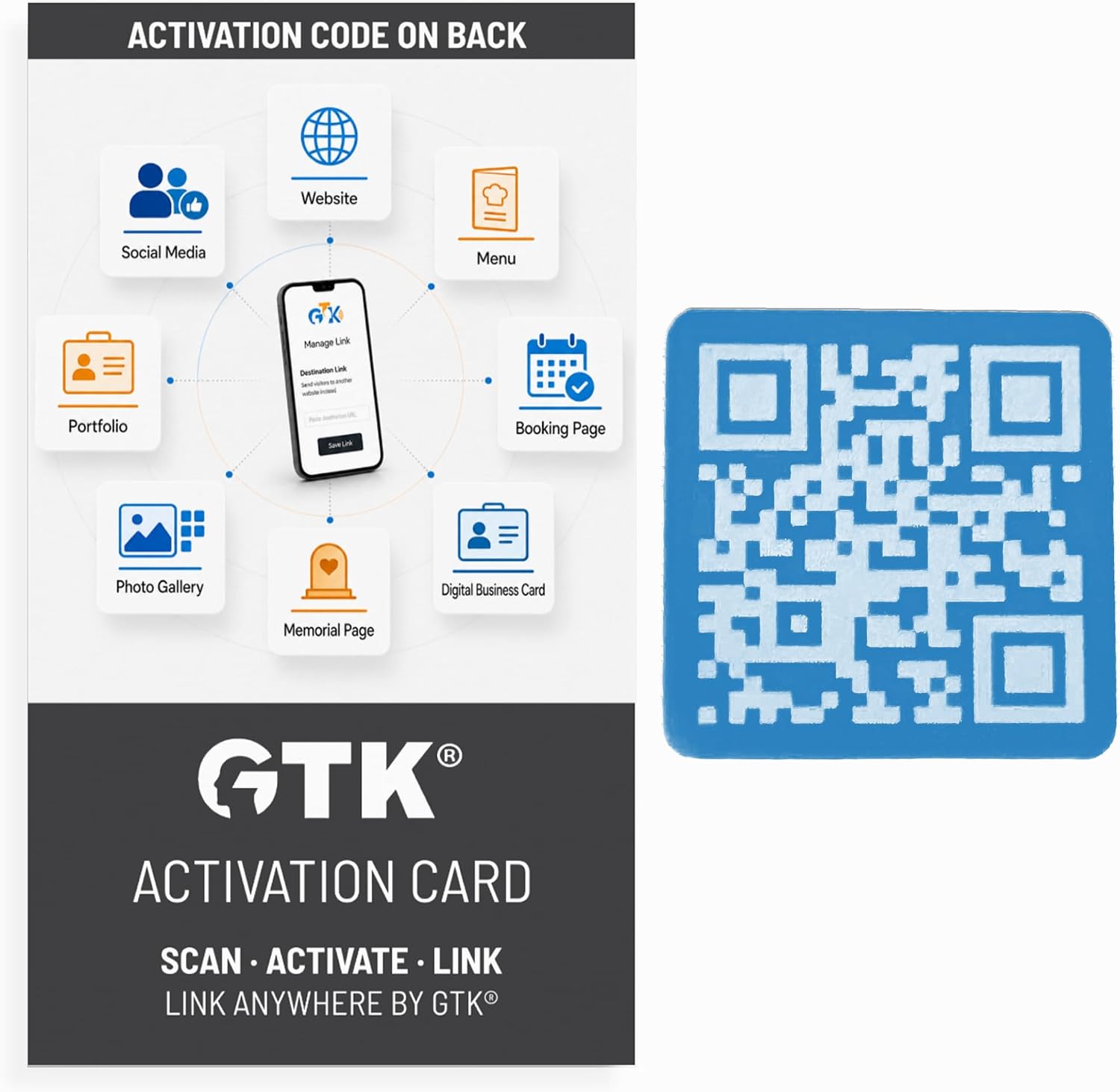 Link Anywhere QR Code Blue 1 inch Square Tile | Scan, Activate, Link, Done