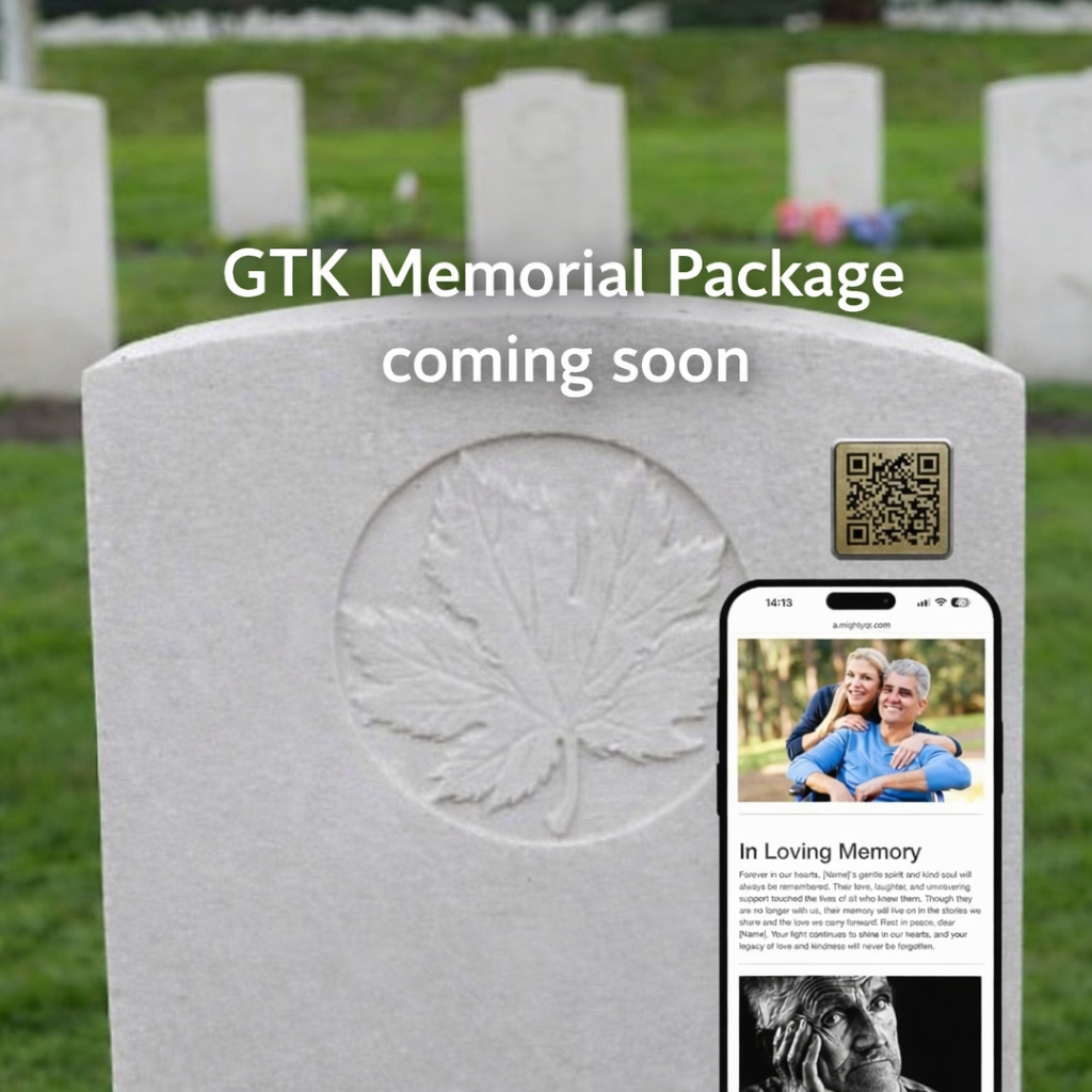 Memorial stone with QR code and smartphone displaying a memorial app in a cemetery setting.