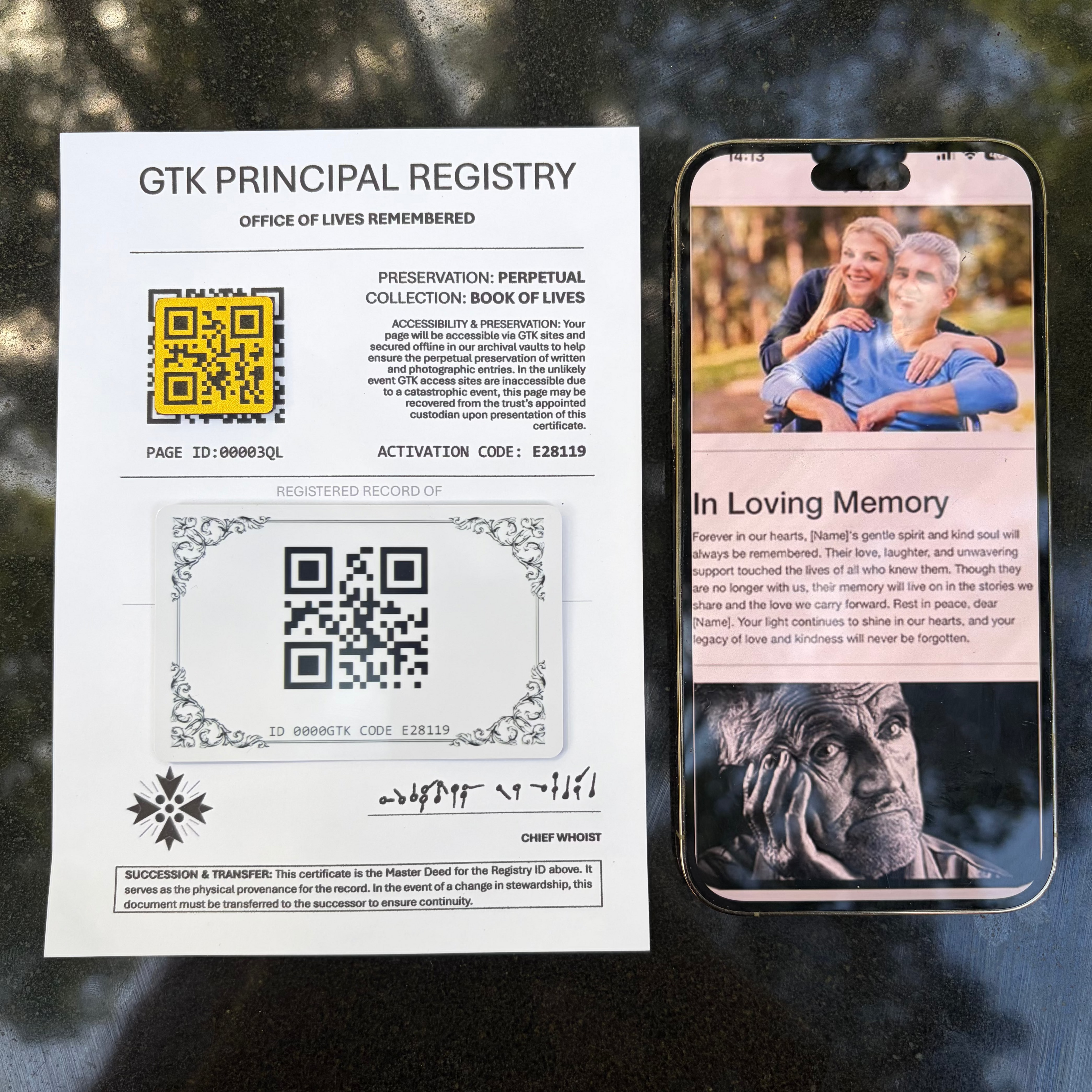 GTK Memorial QR Tile QR Card digital page and certificate