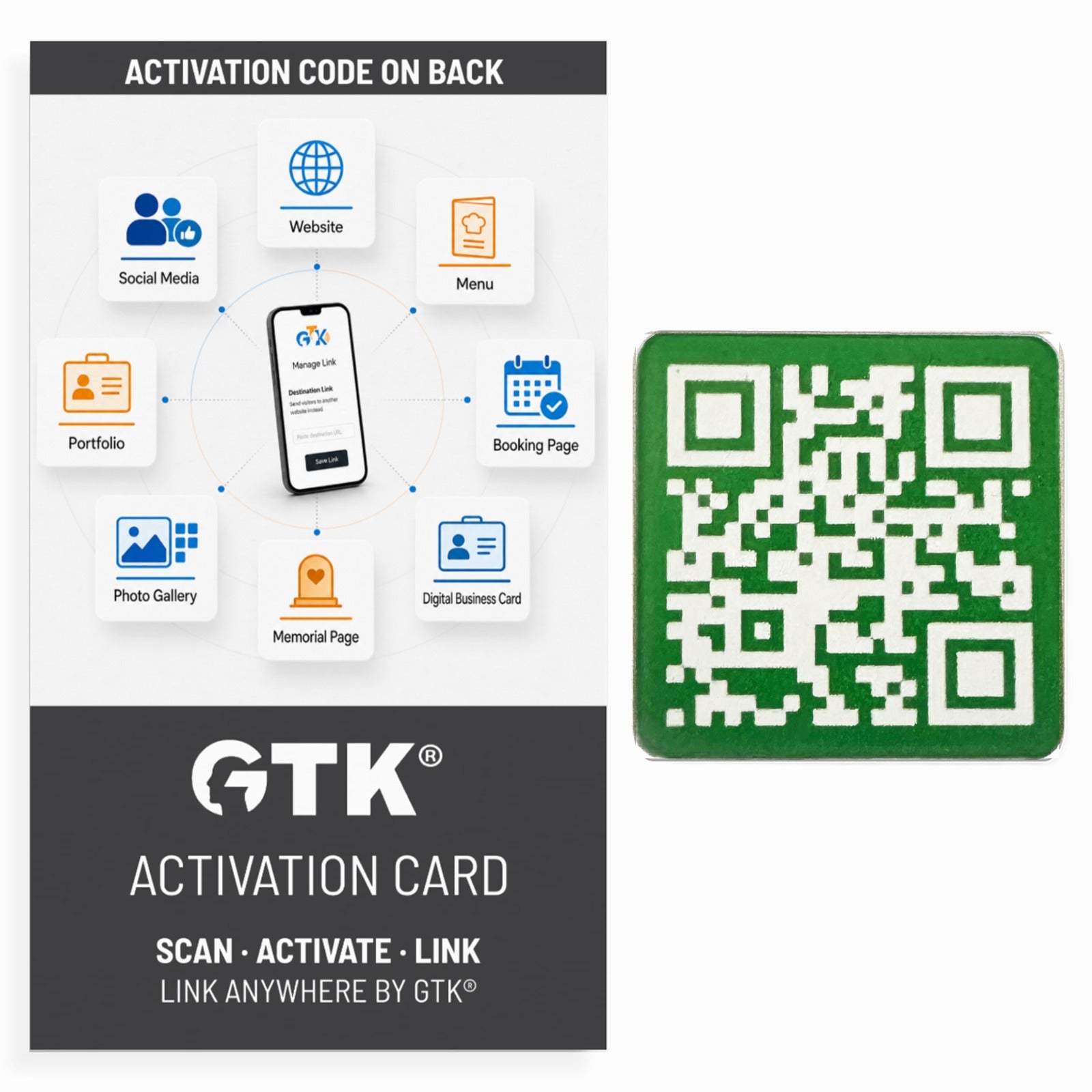 Link Anywhere QR Code Green 1" Square Tile | Scan, Activate, Link, Done