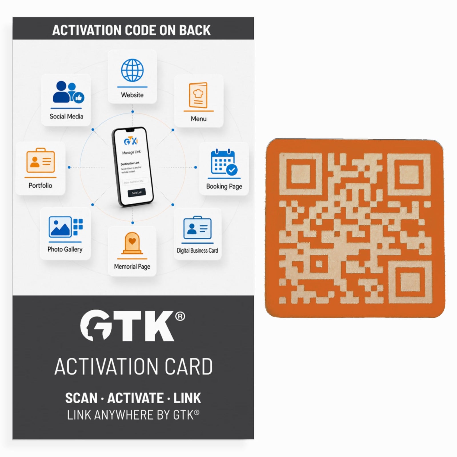 Link Anywhere QR Code Orange 1" Square Tile | Scan, Activate, Link, Done