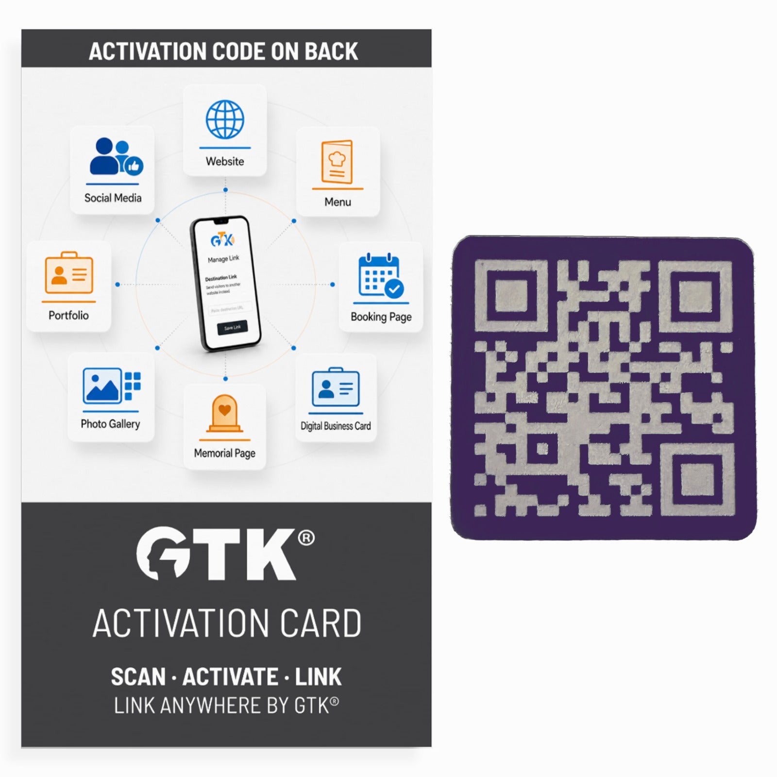 Link Anywhere QR Code Purple 1 in Square Tile | Scan, Activate, Link, Done